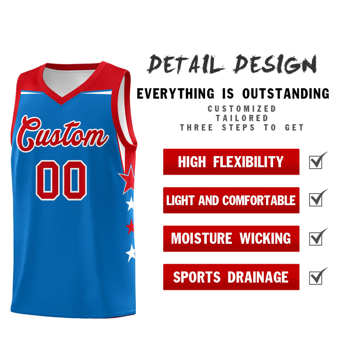 Custom Youth Basketball Uniform Royal Red Two Tone Side Star Color Block Team Jersey