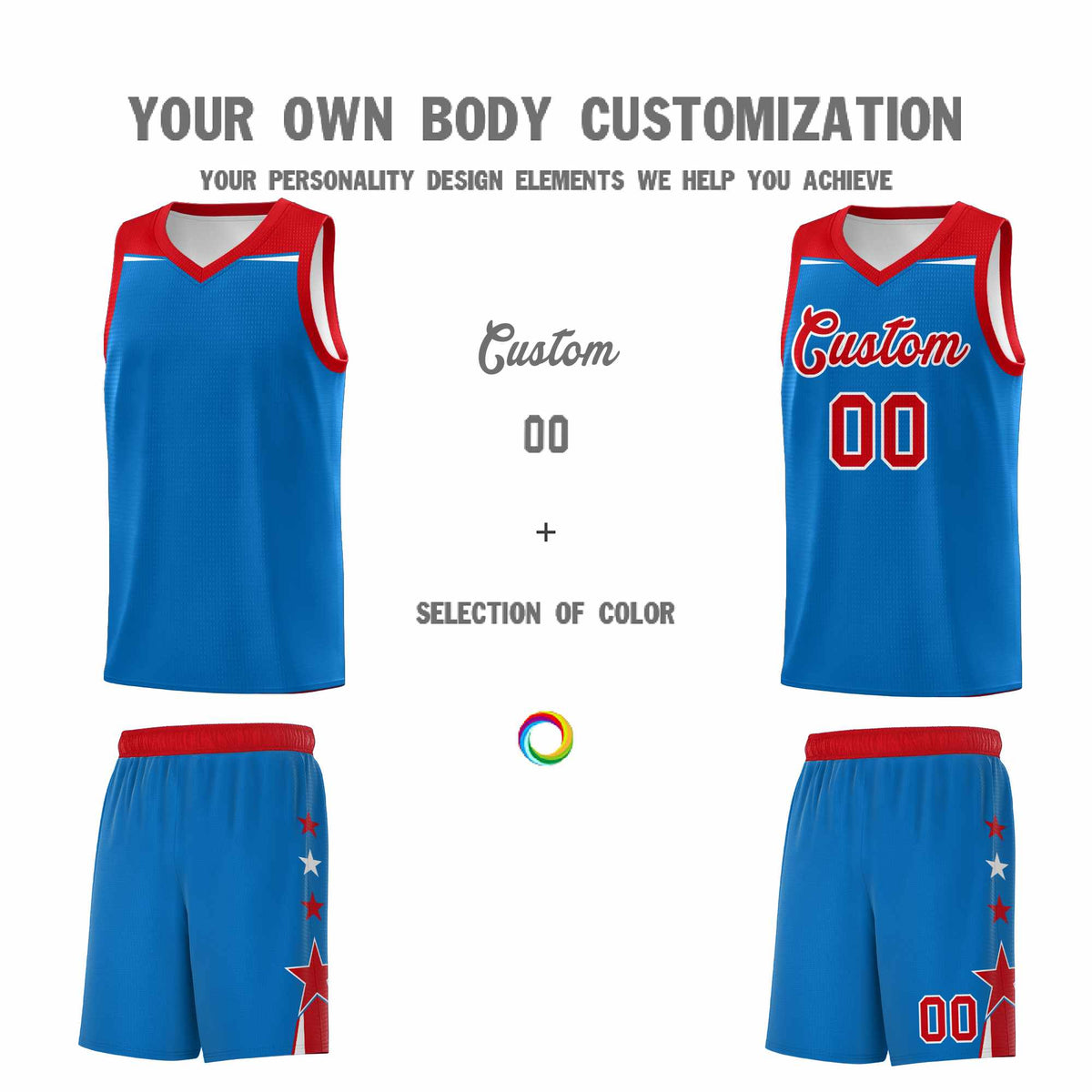 Custom Youth Basketball Uniform Royal Red Two Tone Side Star Color Block Team Jersey