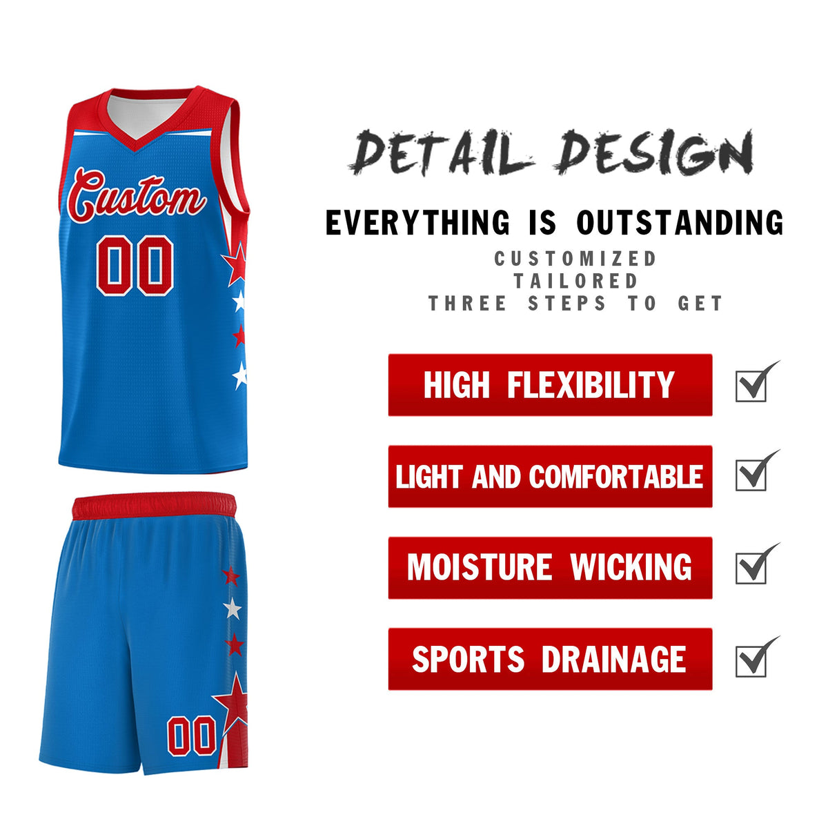 Custom Youth Basketball Uniform Royal Red Two Tone Side Star Color Block Team Jersey