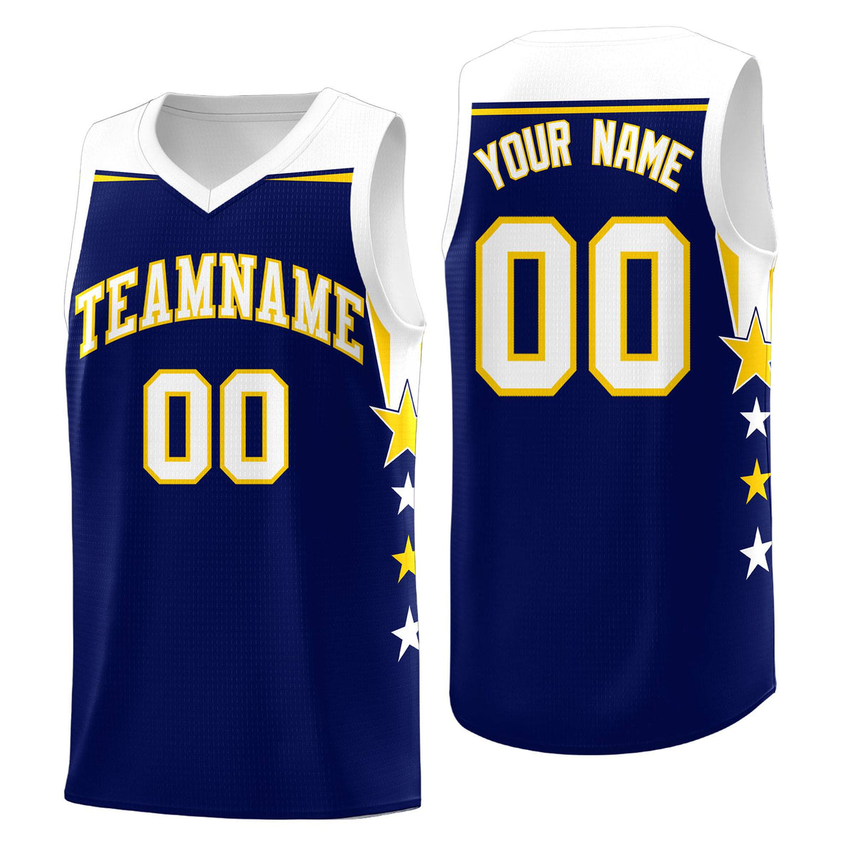 Custom Youth Basketball Uniform Navy White Two Tone Side Star Add Name Number &amp; Logo