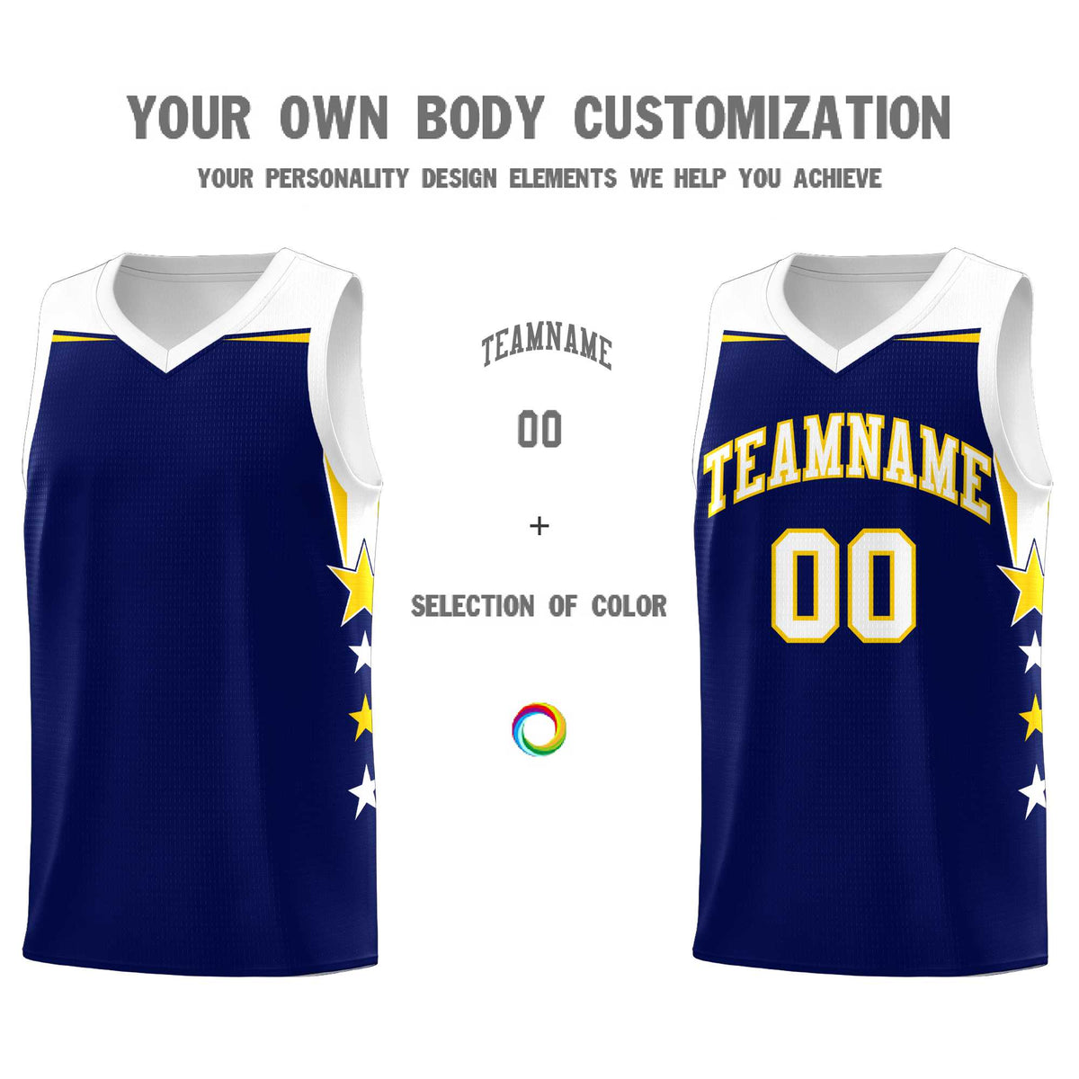 Custom Youth Basketball Uniform Navy White Two Tone Side Star Add Name Number &amp; Logo