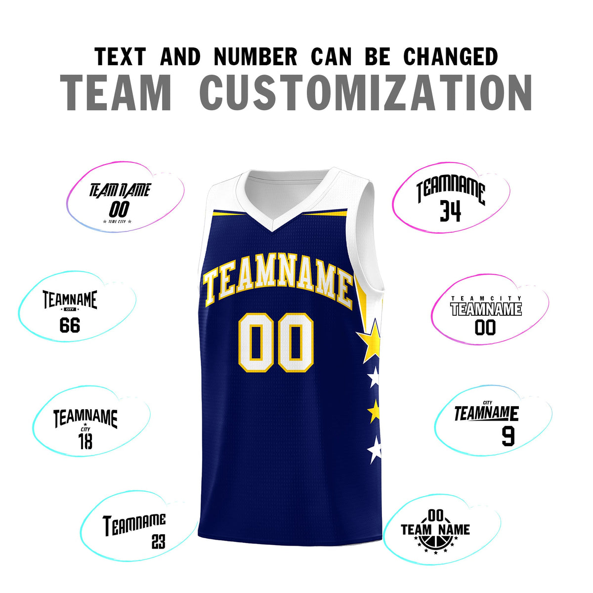 Custom Youth Basketball Uniform Navy White Two Tone Side Star Add Name Number &amp; Logo