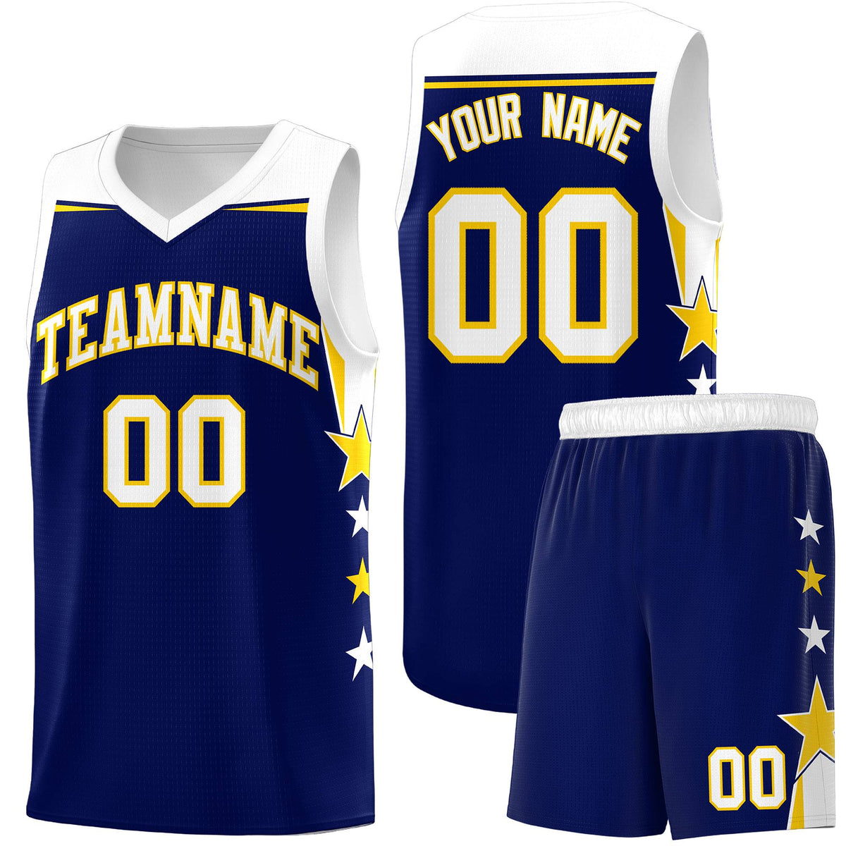 Custom Youth Basketball Uniform Navy White Two Tone Side Star Add Name Number &amp; Logo