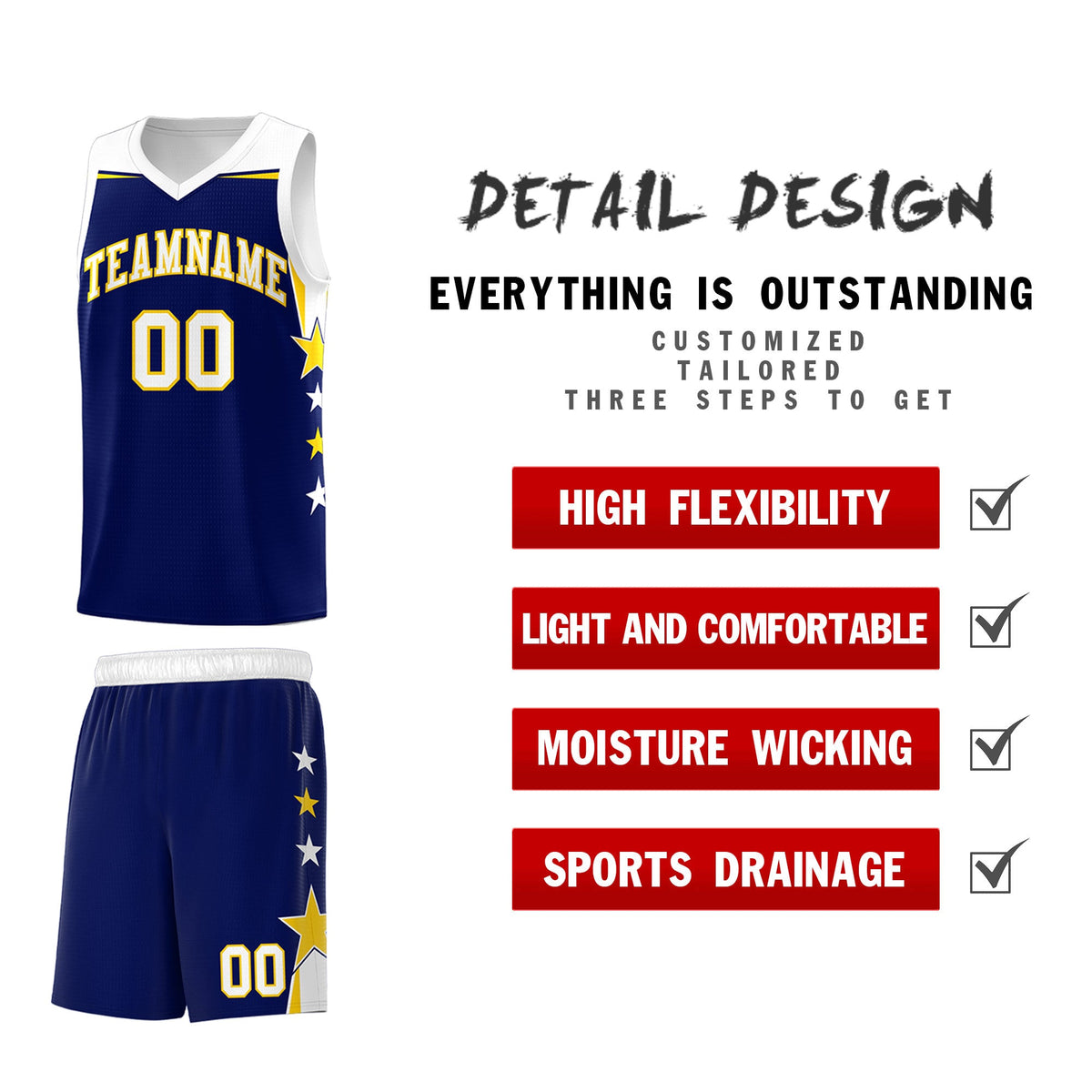 Custom Youth Basketball Uniform Navy White Two Tone Side Star Add Name Number &amp; Logo