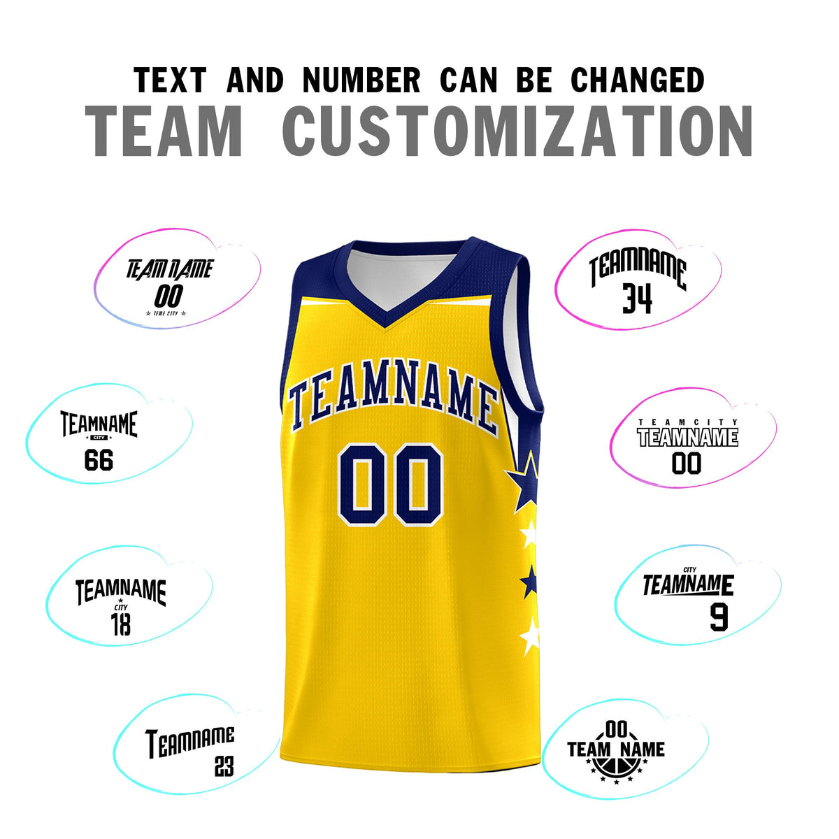 Custom Youth Basketball Uniform Gold Navy Two Tone Side Star Personalized Team Jersey