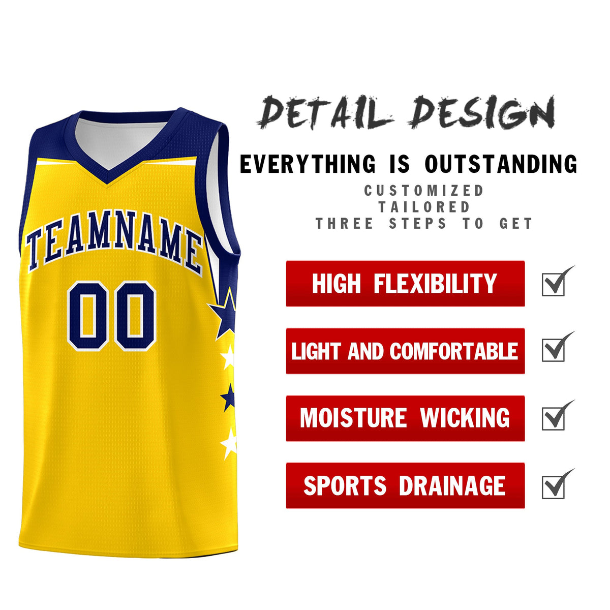Custom Youth Basketball Uniform Gold Navy Two Tone Side Star Personalized Team Jersey