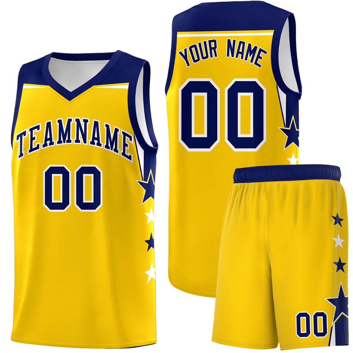 Custom Youth Basketball Uniform Gold Navy Two Tone Side Star Personalized Team Jersey