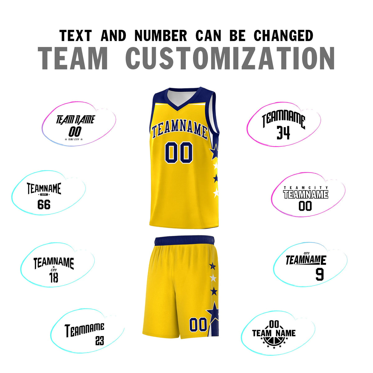 Custom Youth Basketball Uniform Gold Navy Two Tone Side Star Personalized Team Jersey