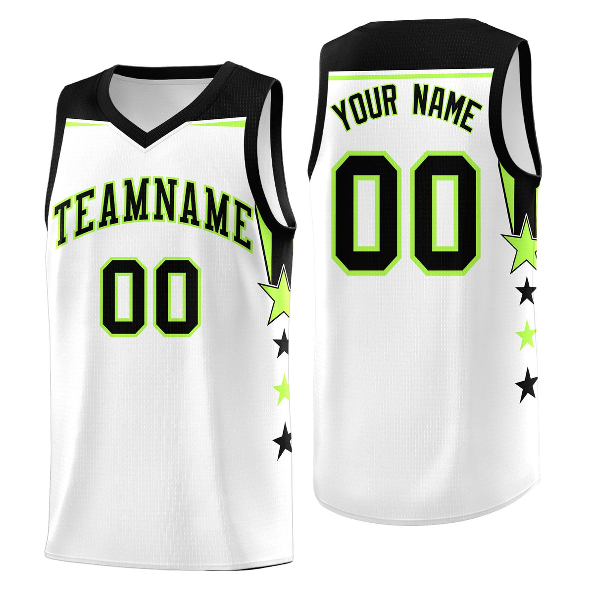 Custom Youth Basketball Uniform White Black Two Tone Side Star Add Name Number &amp; Logo