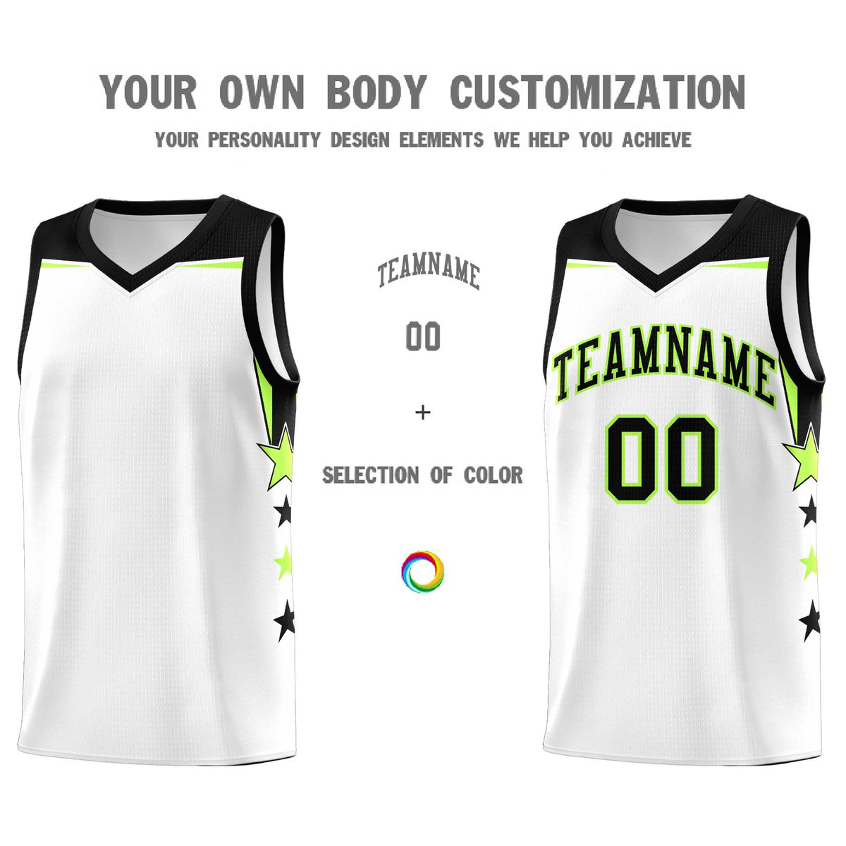 Custom Youth Basketball Uniform White Black Two Tone Side Star Add Name Number &amp; Logo