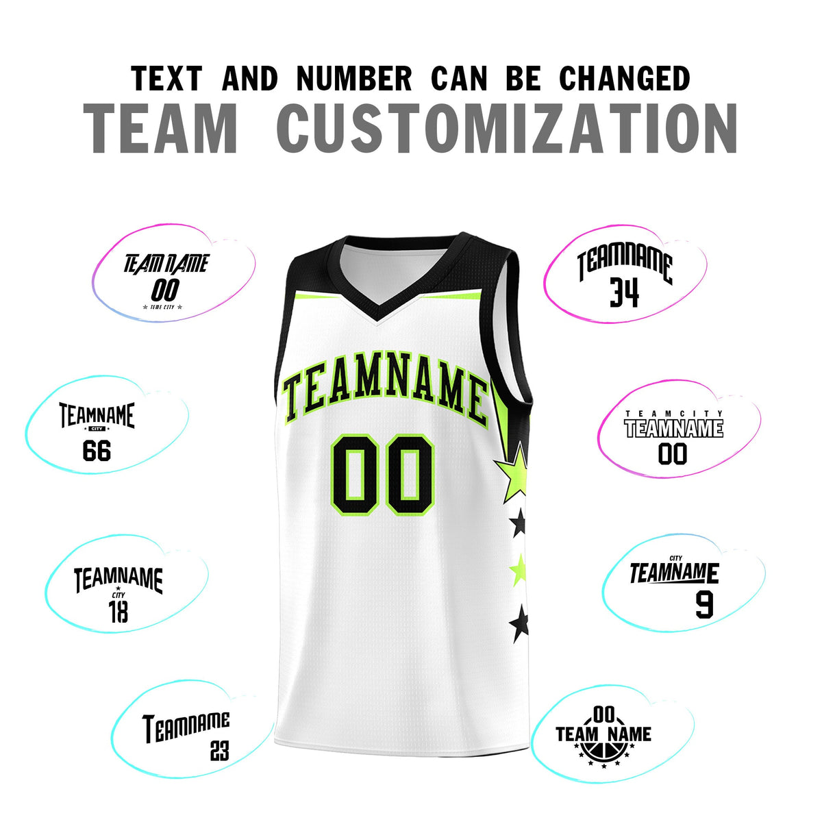 Custom Youth Basketball Uniform White Black Two Tone Side Star Add Name Number &amp; Logo