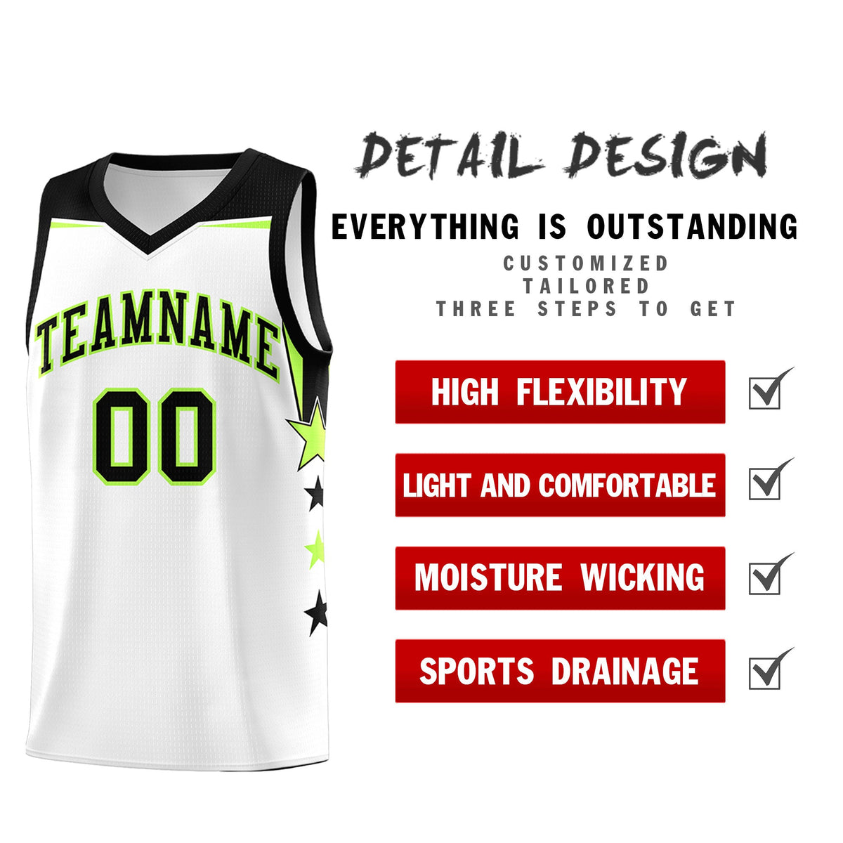 Custom Youth Basketball Uniform White Black Two Tone Side Star Add Name Number &amp; Logo