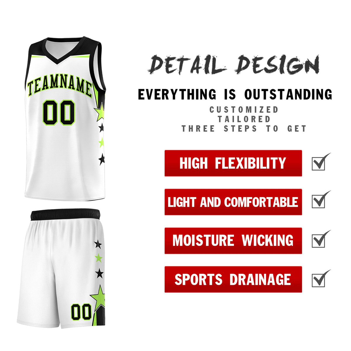 Custom Youth Basketball Uniform White Black Two Tone Side Star Add Name Number &amp; Logo