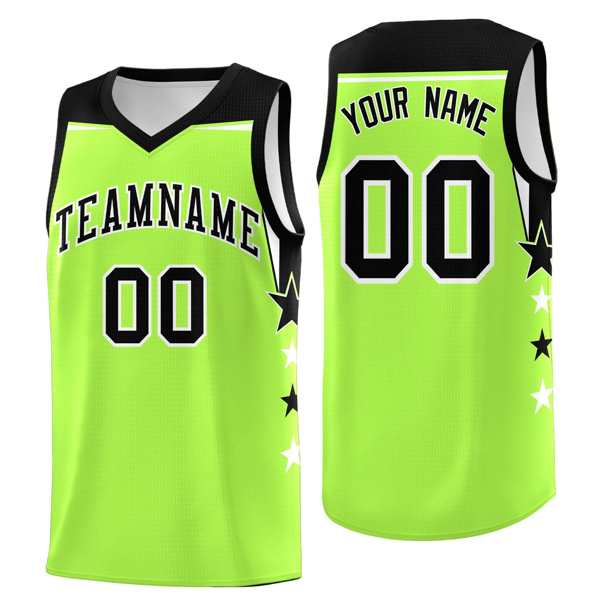 Custom Youth Basketball Uniform Fluorescent Green Black Two Tone Side Star Add Name Number &amp; Logo
