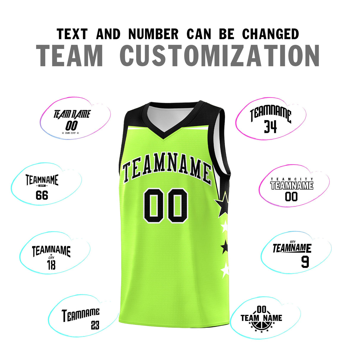 Custom Youth Basketball Uniform Fluorescent Green Black Two Tone Side Star Add Name Number &amp; Logo
