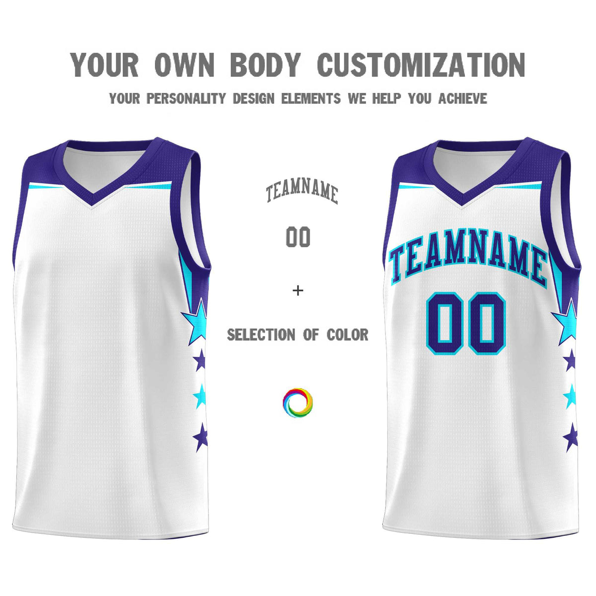 Custom Youth Basketball Uniform White Royal Two Tone Side Star Color Block Team Jersey