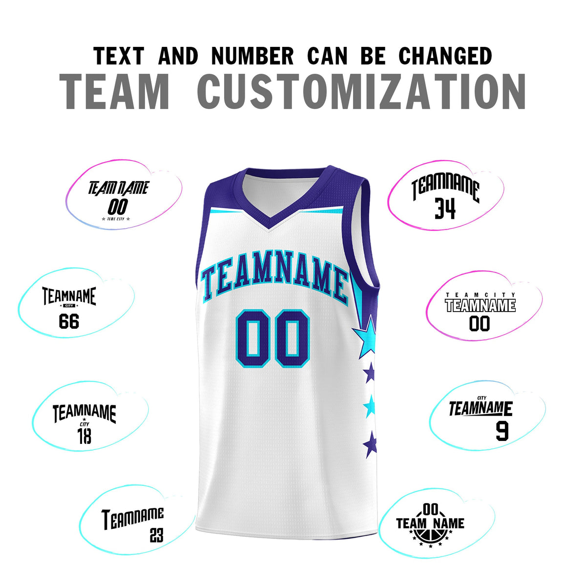 Custom Youth Basketball Uniform White Royal Two Tone Side Star Color Block Team Jersey