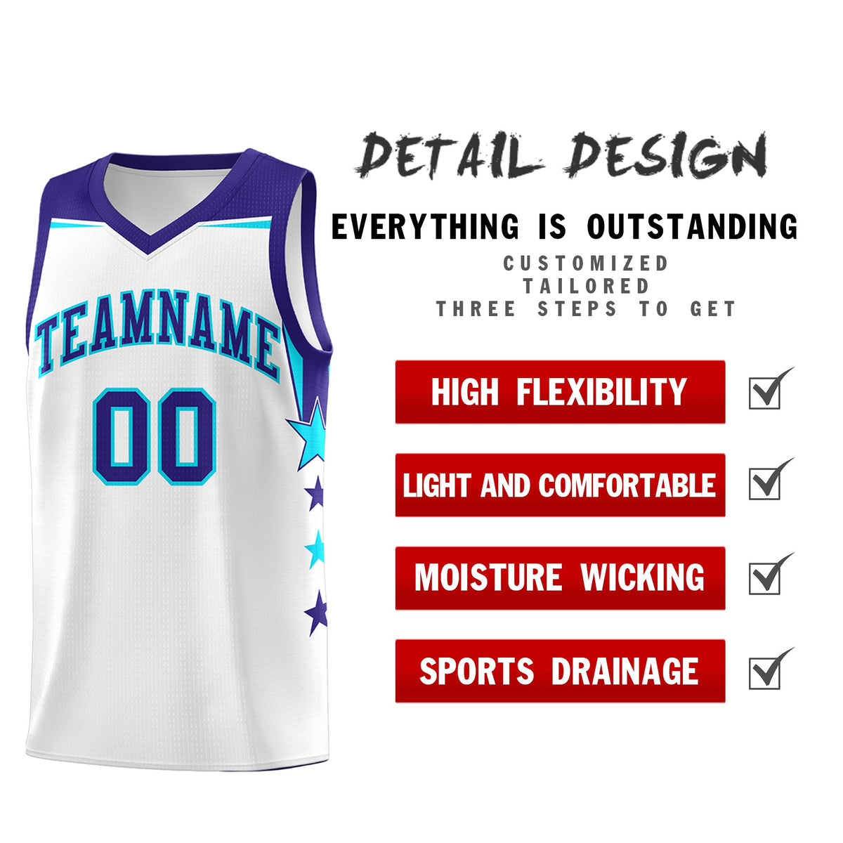 Custom Youth Basketball Uniform White Royal Two Tone Side Star Color Block Team Jersey