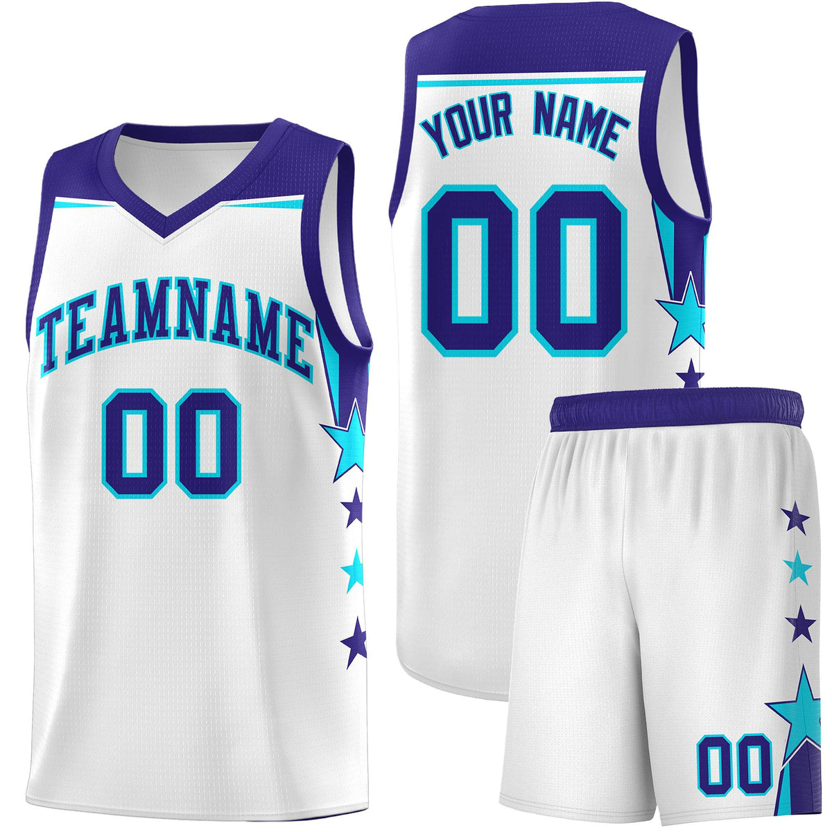 Custom Youth Basketball Uniform White Royal Two Tone Side Star Color Block Team Jersey