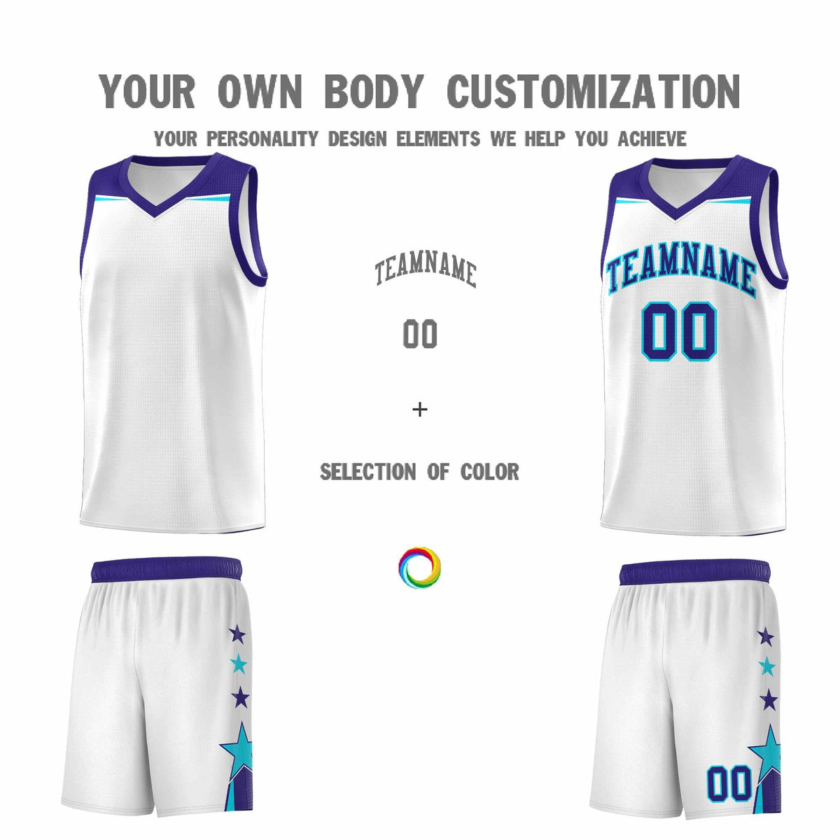 Custom Youth Basketball Uniform White Royal Two Tone Side Star Color Block Team Jersey