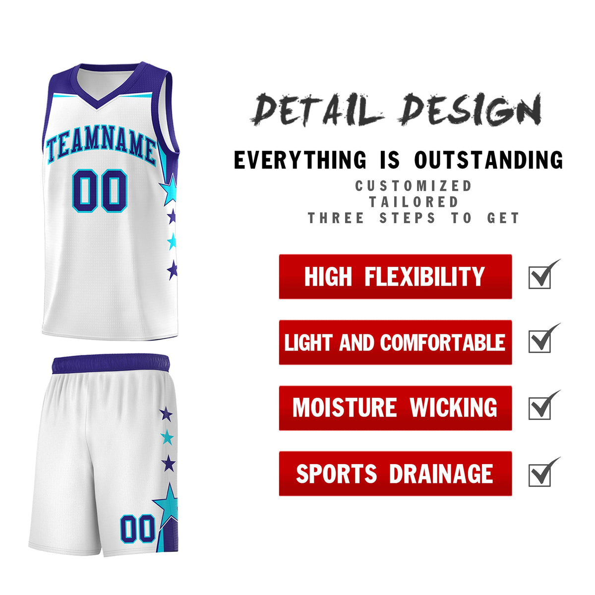 Custom Youth Basketball Uniform White Royal Two Tone Side Star Color Block Team Jersey