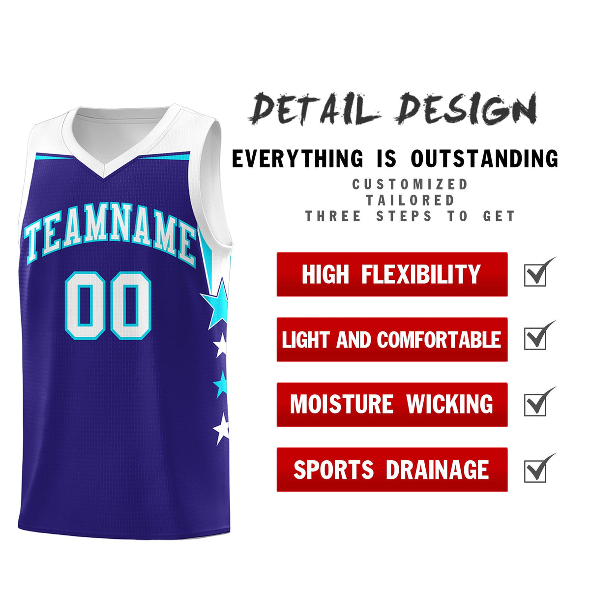 Custom Youth Basketball Uniform Royal White Two Tone Side Star Add Name Number &amp; Logo