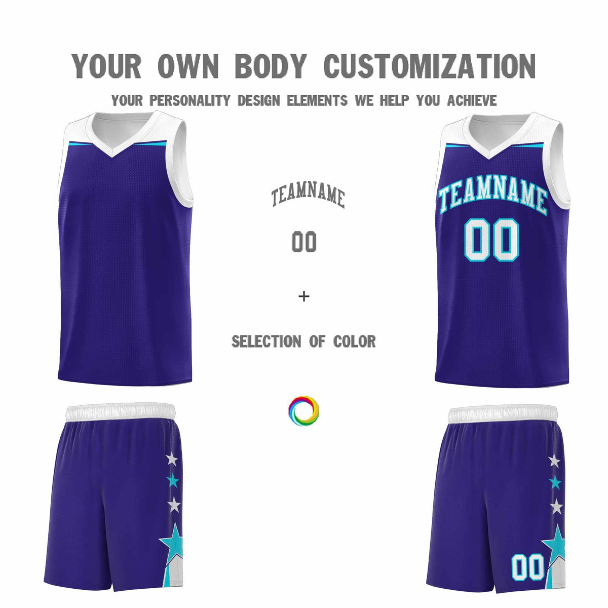 Custom Youth Basketball Uniform Royal White Two Tone Side Star Add Name Number &amp; Logo