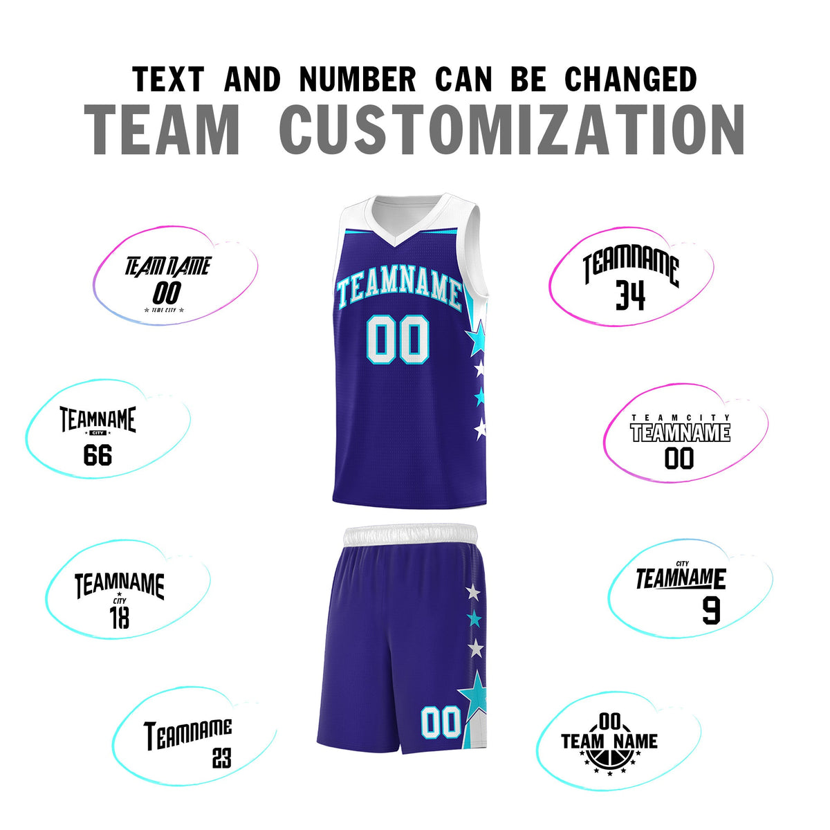 Custom Youth Basketball Uniform Royal White Two Tone Side Star Add Name Number &amp; Logo