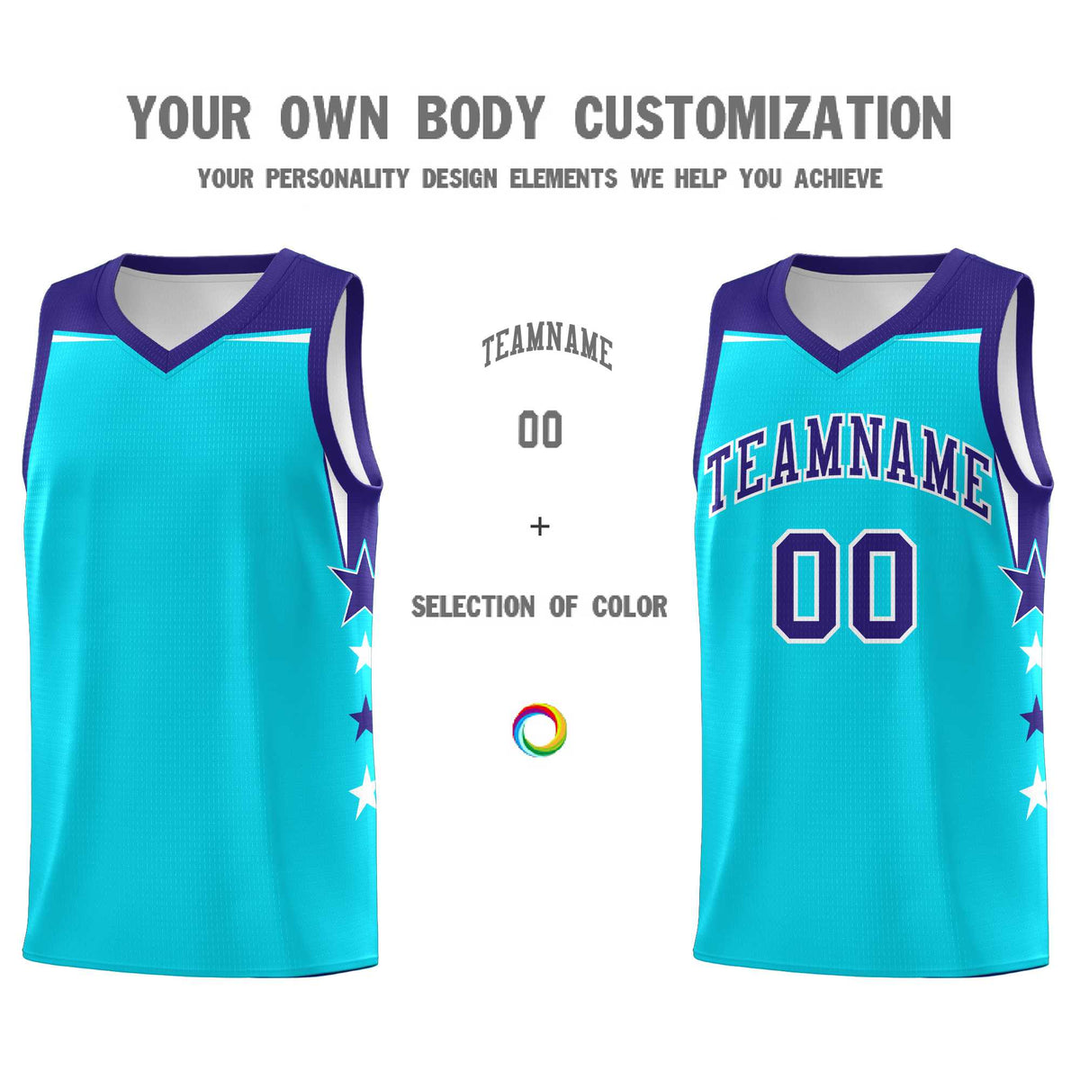 Custom Youth Basketball Uniform Sky Blue Royal Two Tone Side Star Personalized Team Jersey