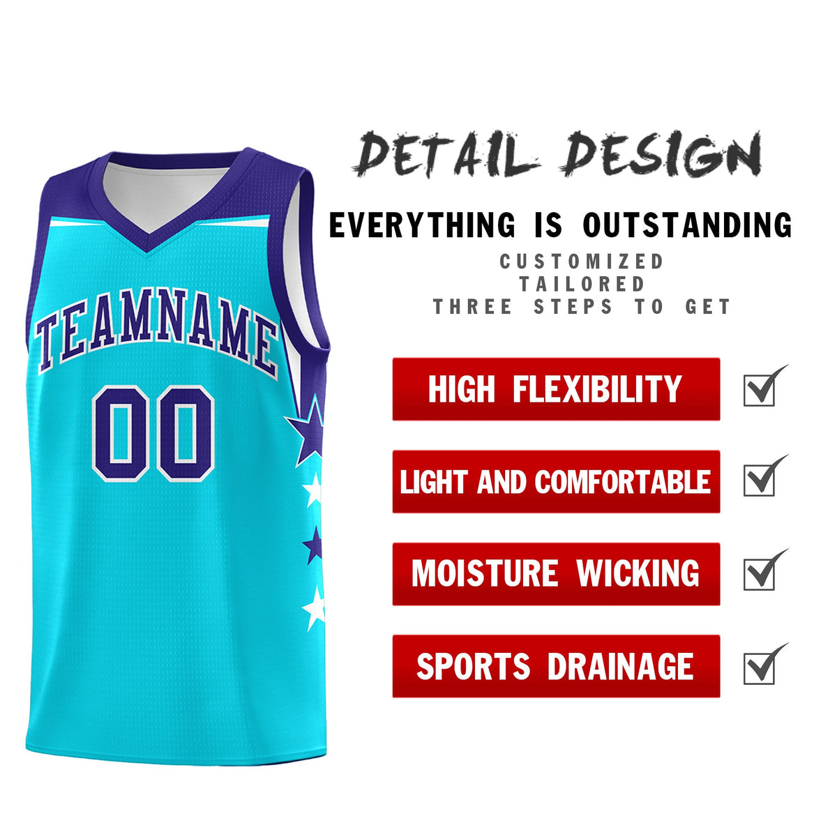 Custom Youth Basketball Uniform Sky Blue Royal Two Tone Side Star Personalized Team Jersey