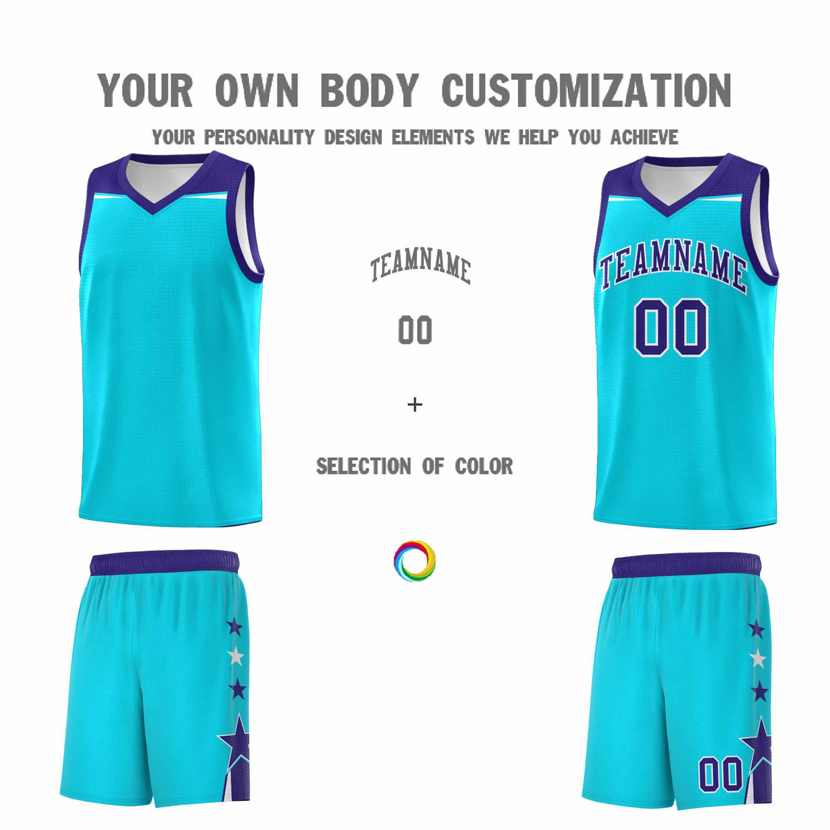 Custom Youth Basketball Uniform Sky Blue Royal Two Tone Side Star Personalized Team Jersey