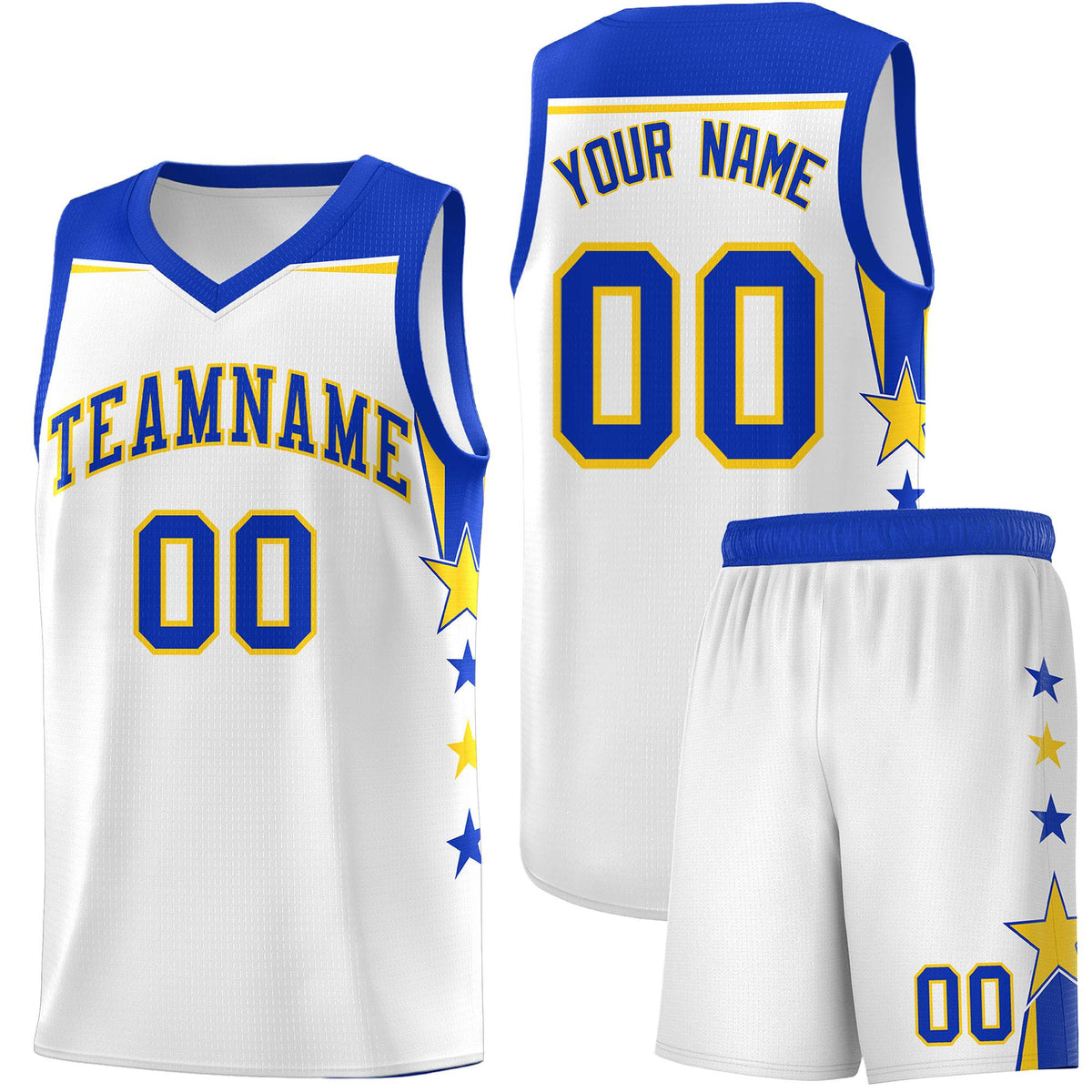 Custom Youth Basketball Uniform White Royal Two Tone Side Star Color Block Team Jersey