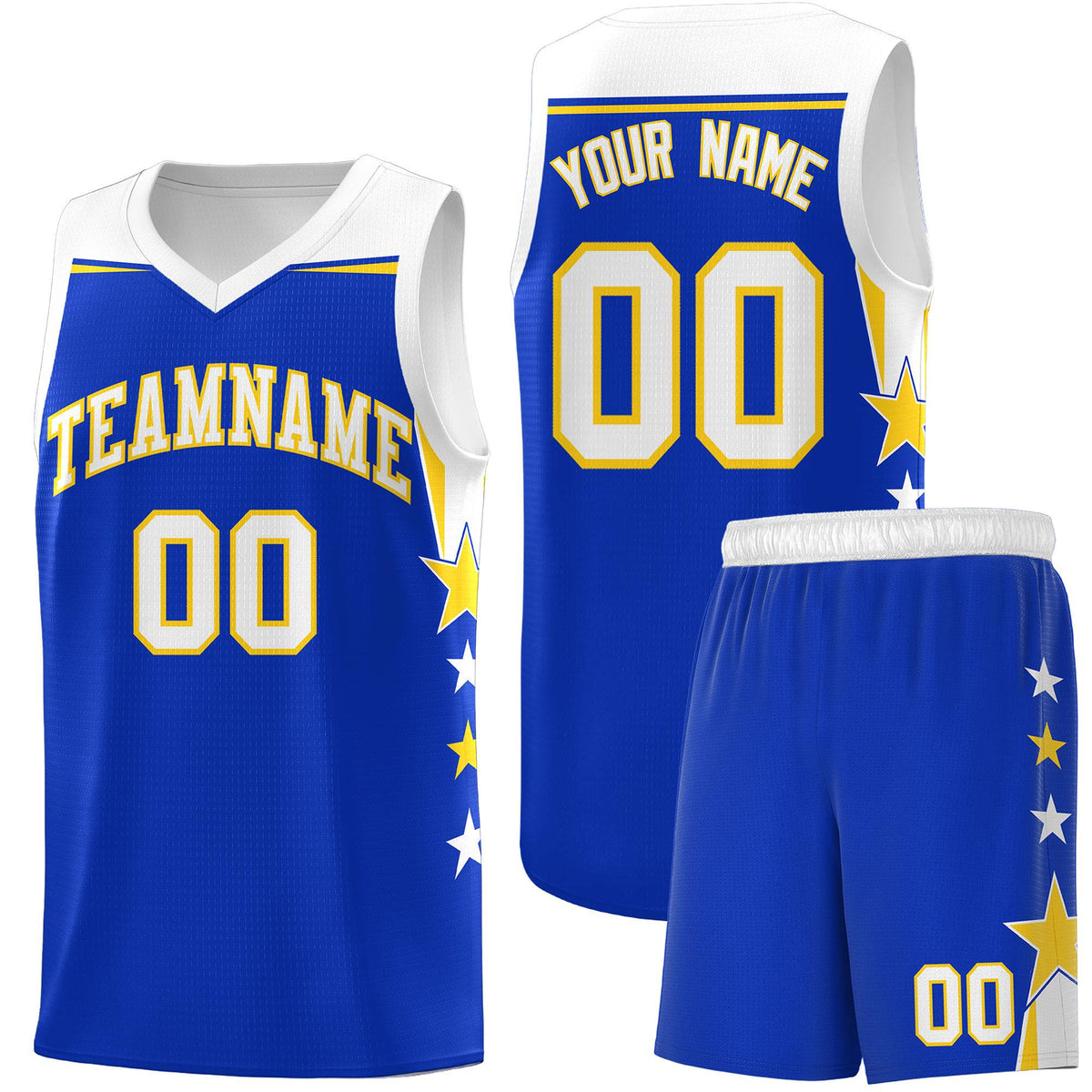 Custom Youth Basketball Uniform Royal White Two Tone Side Star Add Name Number &amp; Logo
