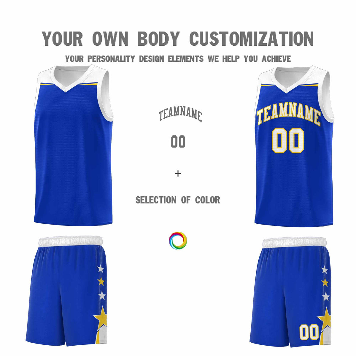 Custom Youth Basketball Uniform Royal White Two Tone Side Star Add Name Number &amp; Logo