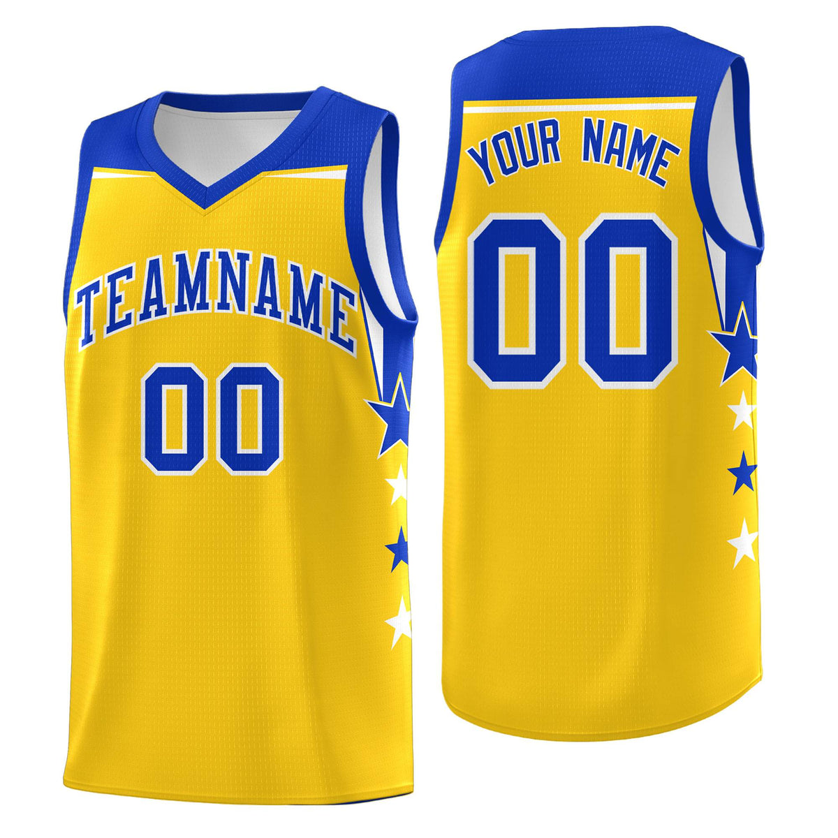 Custom Youth Basketball Uniform Gold Royal Two Tone Side Star Personalized Team Jersey