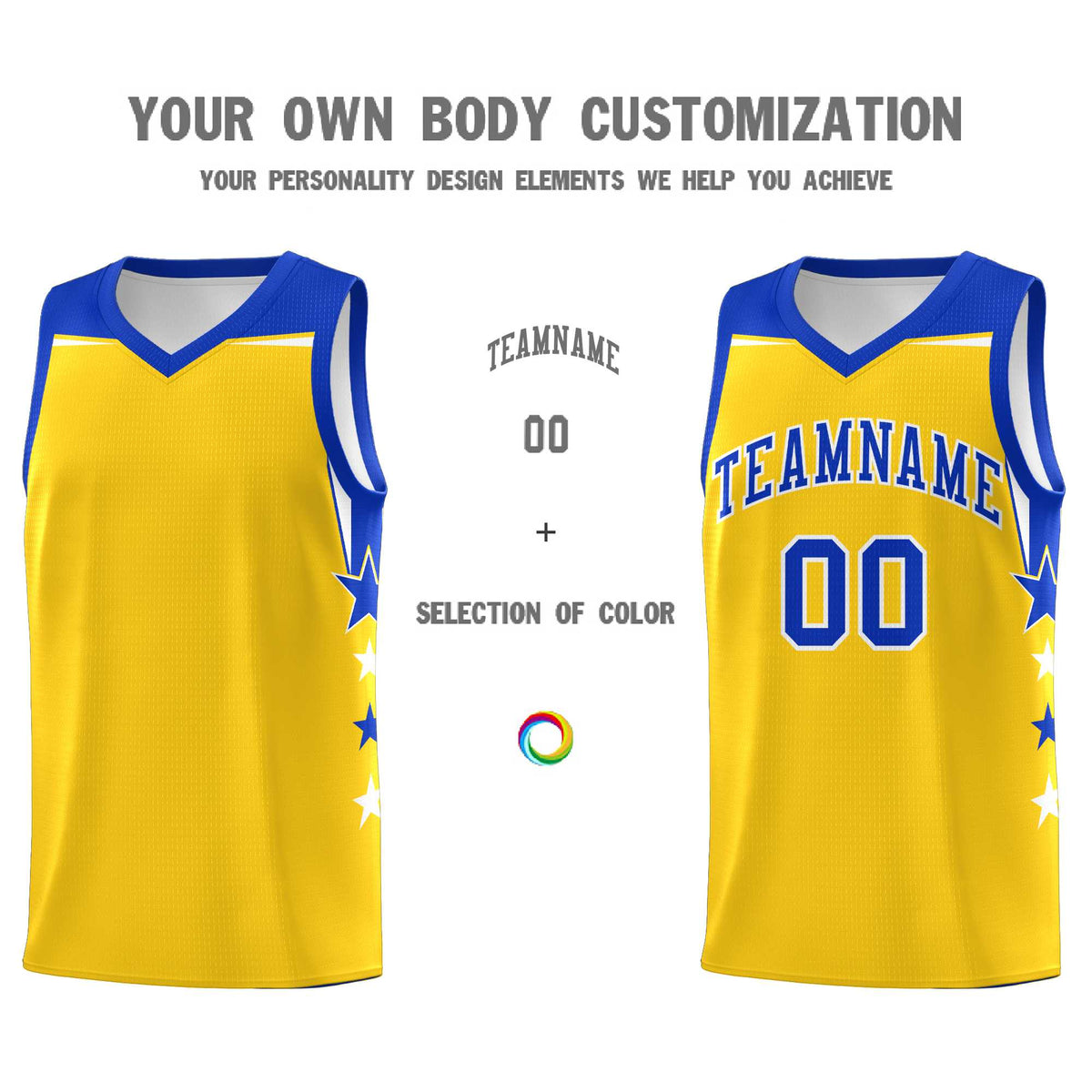 Custom Youth Basketball Uniform Gold Royal Two Tone Side Star Personalized Team Jersey