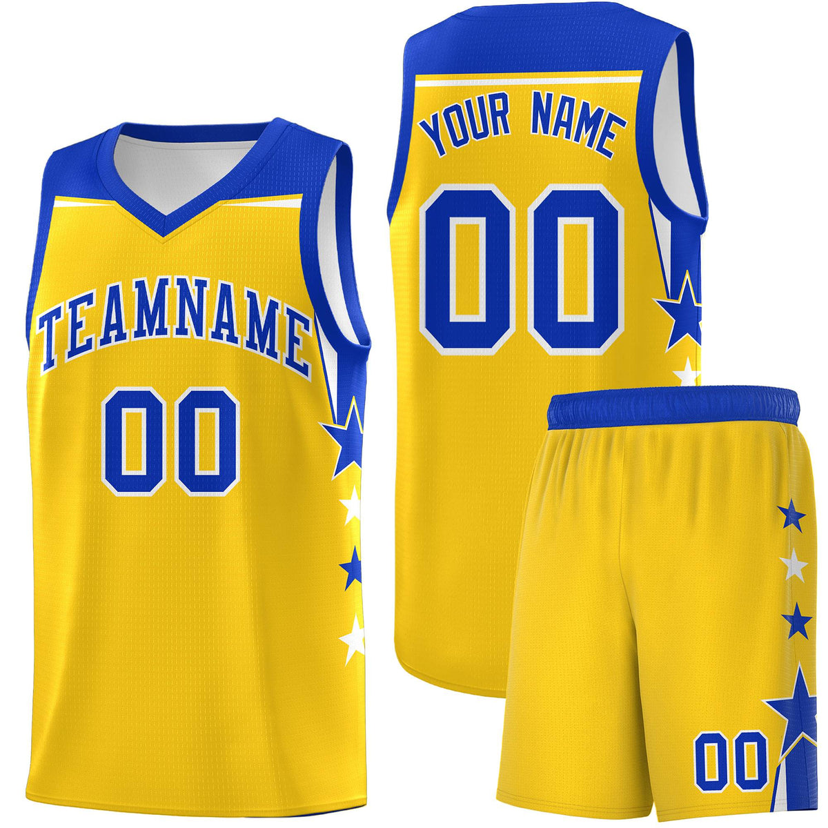 Custom Youth Basketball Uniform Gold Royal Two Tone Side Star Personalized Team Jersey