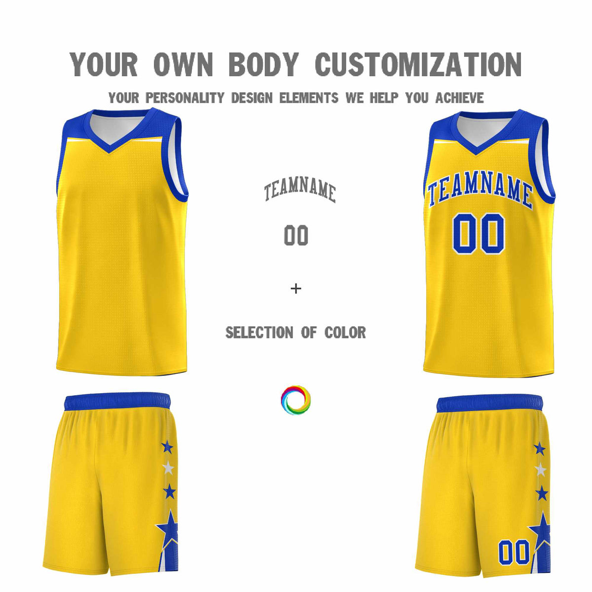 Custom Youth Basketball Uniform Gold Royal Two Tone Side Star Personalized Team Jersey