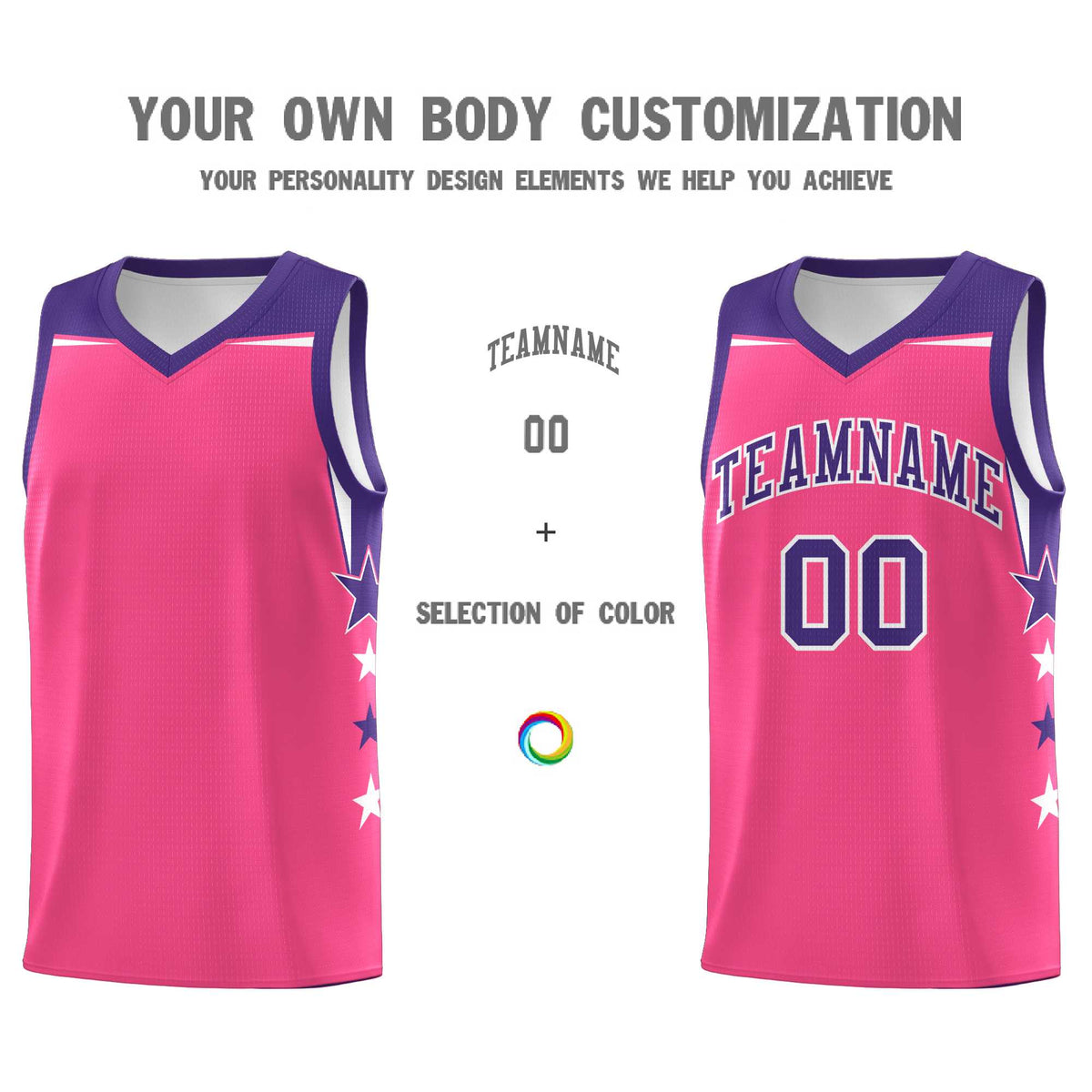 Custom Youth Basketball Uniform Pink Purple Two Tone Side Star Add Name Number & Logo