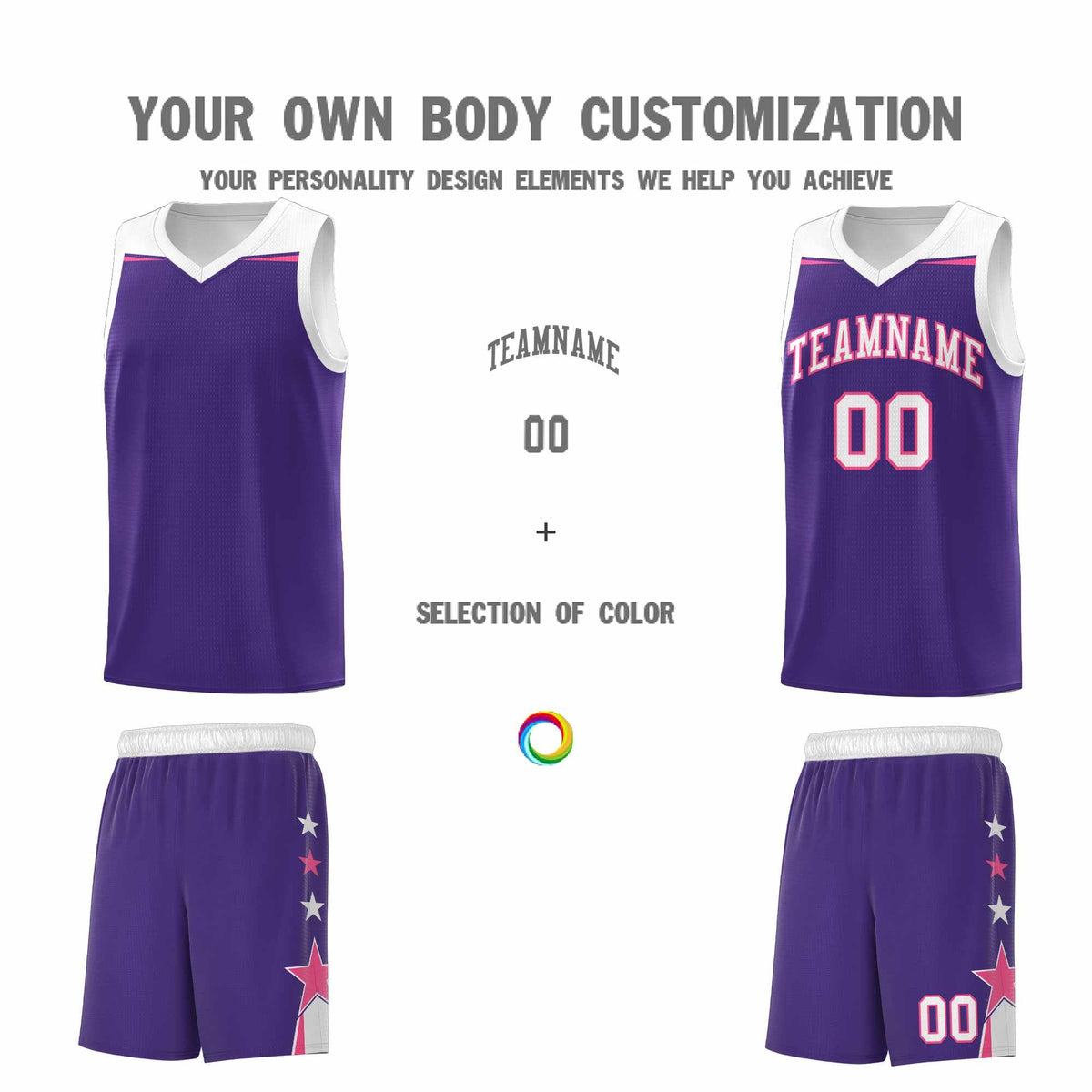 Custom Youth Basketball Uniform Purple White Two Tone Side Star Personalized Team Jersey