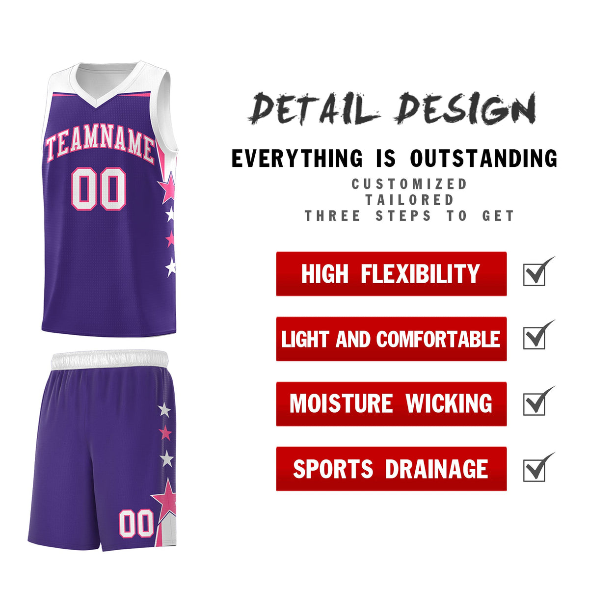 Custom Youth Basketball Uniform Purple White Two Tone Side Star Personalized Team Jersey