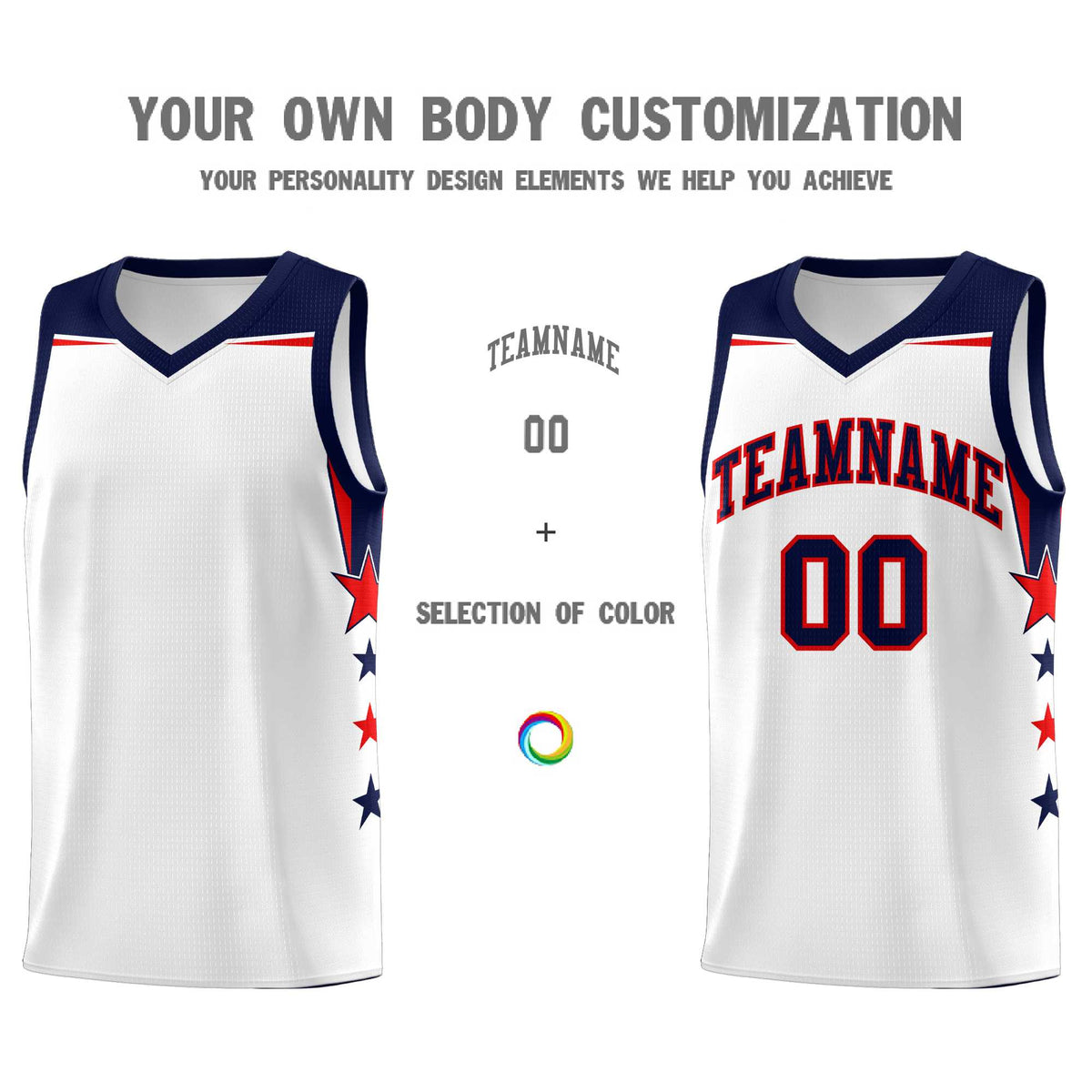 Custom Youth Basketball Uniform White Navy Two Tone Side Star Color Block Team Jersey
