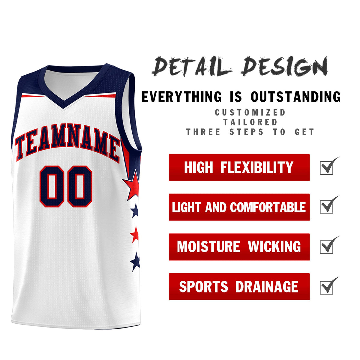 Custom Youth Basketball Uniform White Navy Two Tone Side Star Color Block Team Jersey