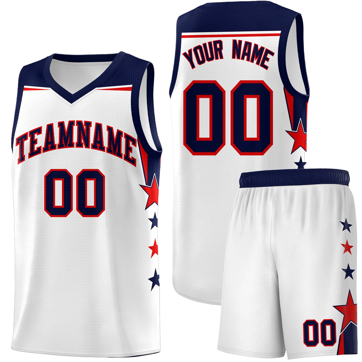 Custom Youth Basketball Uniform White Navy Two Tone Side Star Color Block Team Jersey