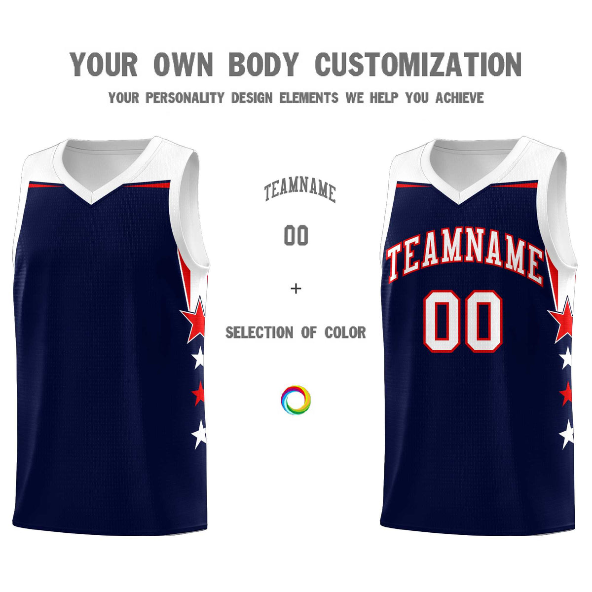 Custom Youth Basketball Uniform Navy White Two Tone Side Star Add Name Number &amp; Logo