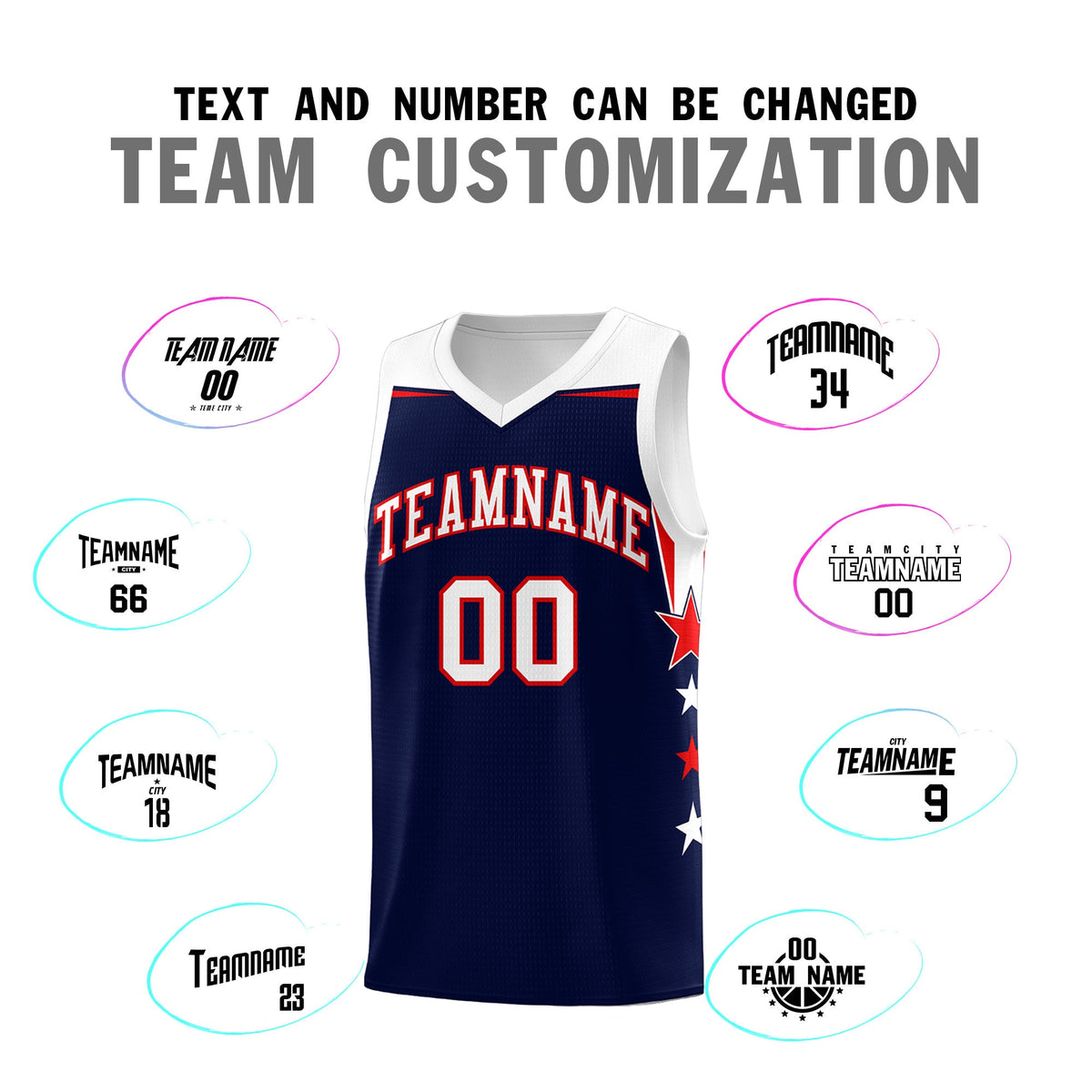 Custom Youth Basketball Uniform Navy White Two Tone Side Star Add Name Number &amp; Logo