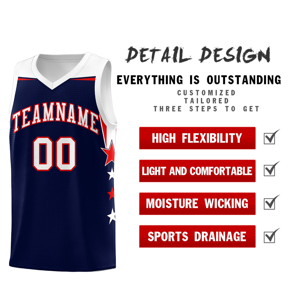 Custom Youth Basketball Uniform Navy White Two Tone Side Star Add Name Number &amp; Logo