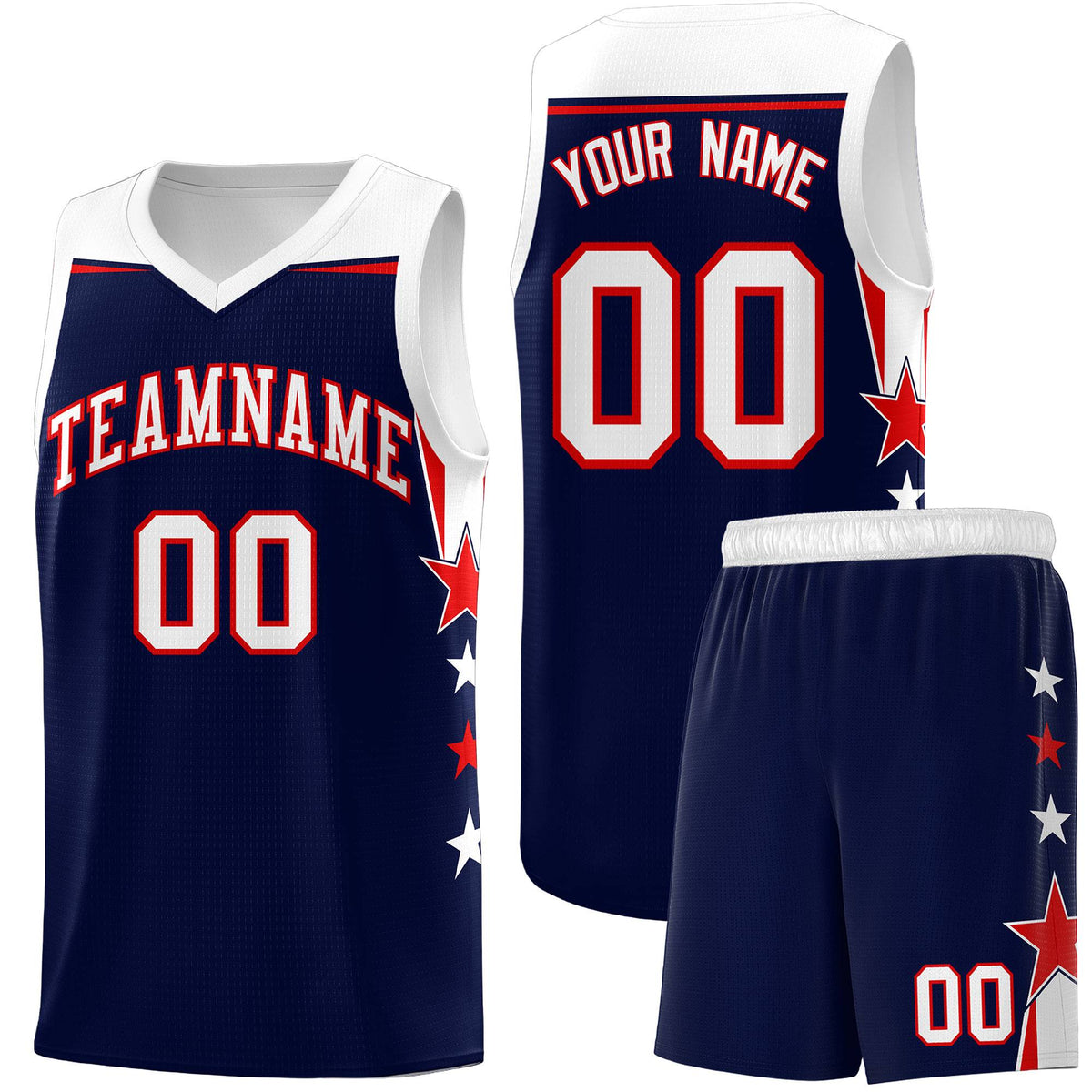Custom Youth Basketball Uniform Navy White Two Tone Side Star Add Name Number &amp; Logo