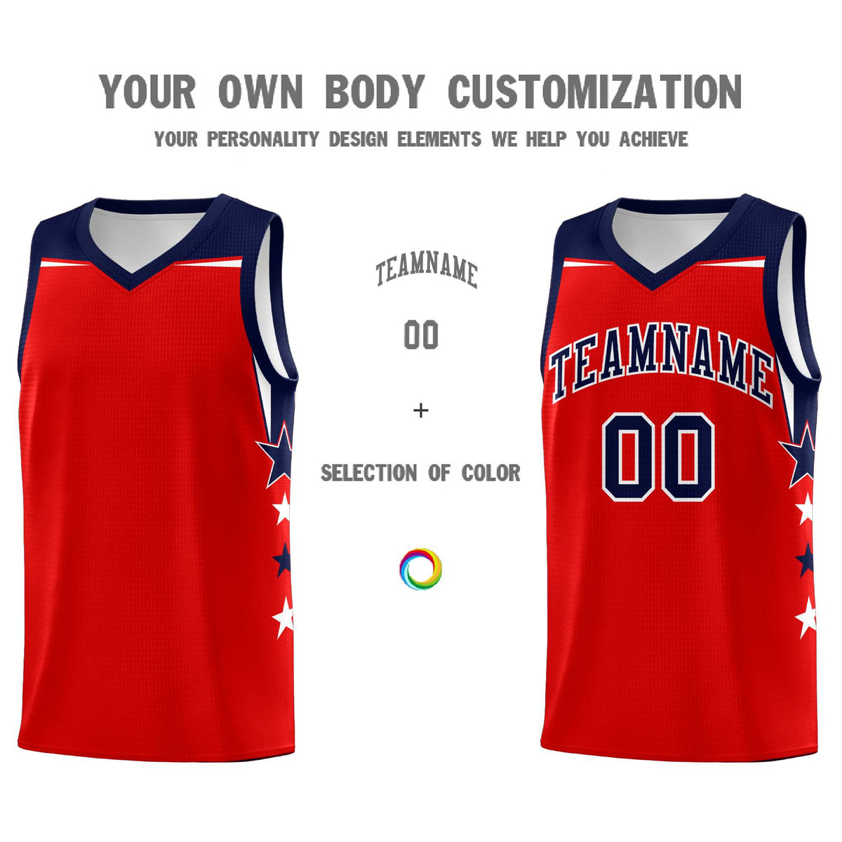 Custom Youth Basketball Uniform Red Navy Two Tone Side Star Personalized Team Jersey