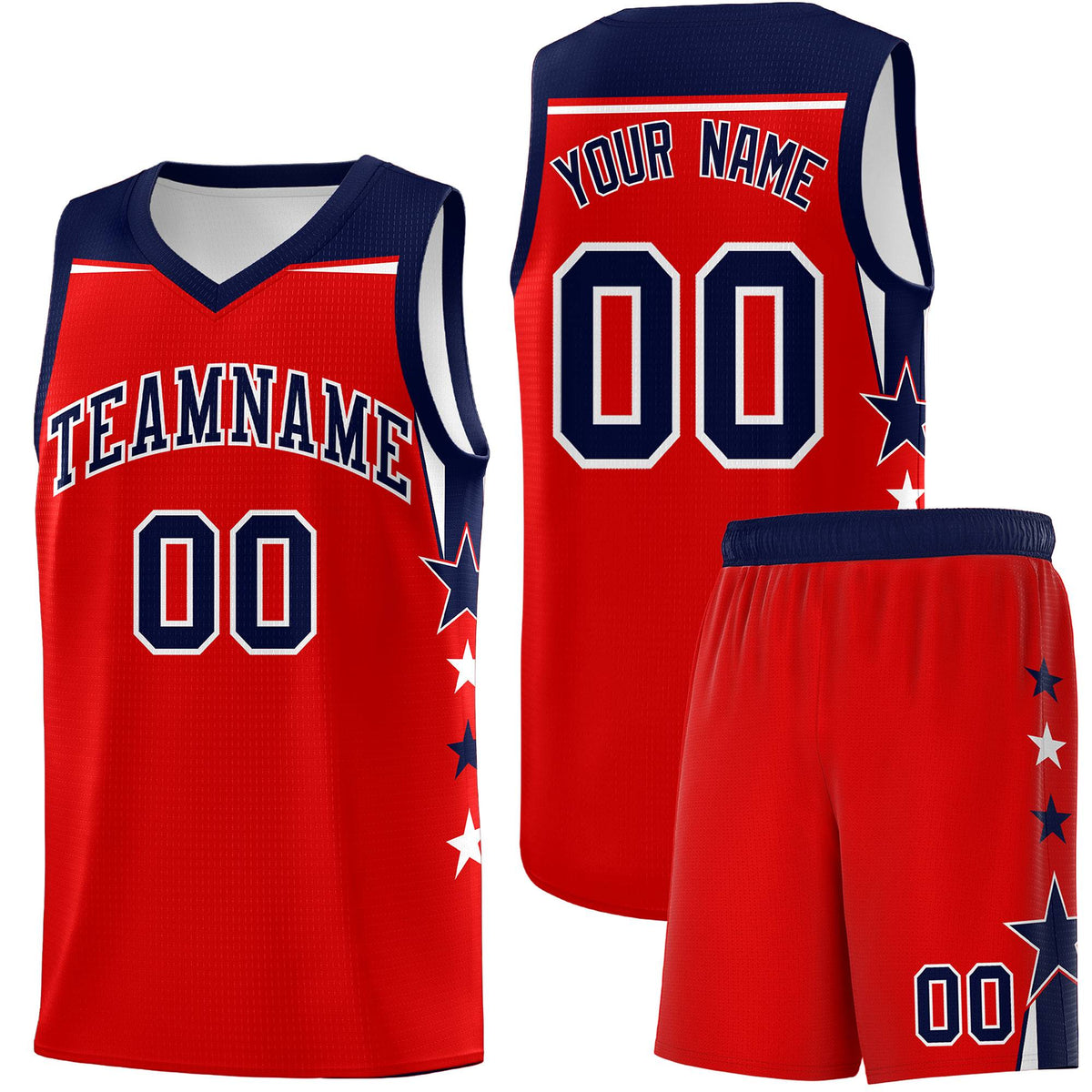 Custom Youth Basketball Uniform Red Navy Two Tone Side Star Personalized Team Jersey